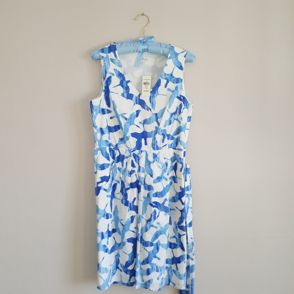 LL Bean V-neck Poplin Crane Print Cobalt Blue Summer Dress